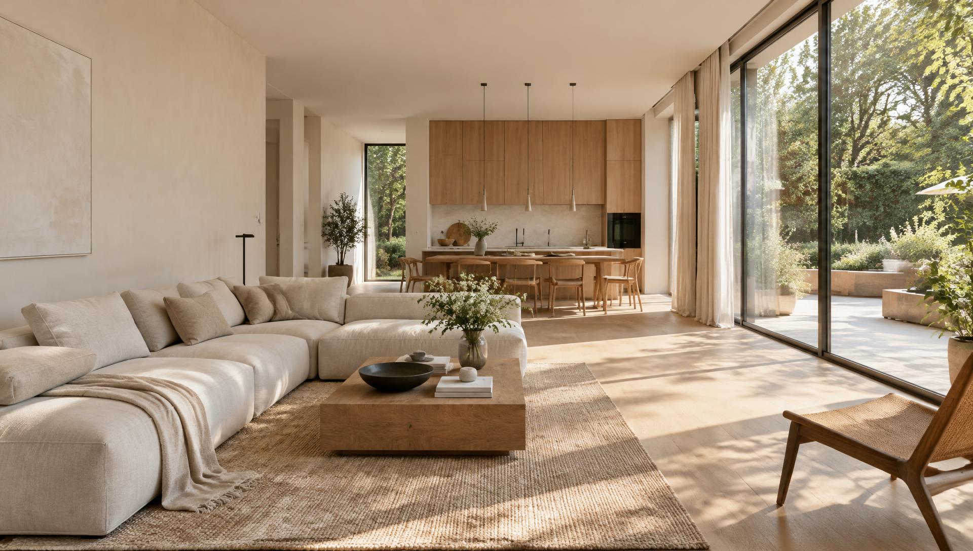 Heldere moderne leefruimte met eiken vloer en open keuken — renovatie-inspiratie